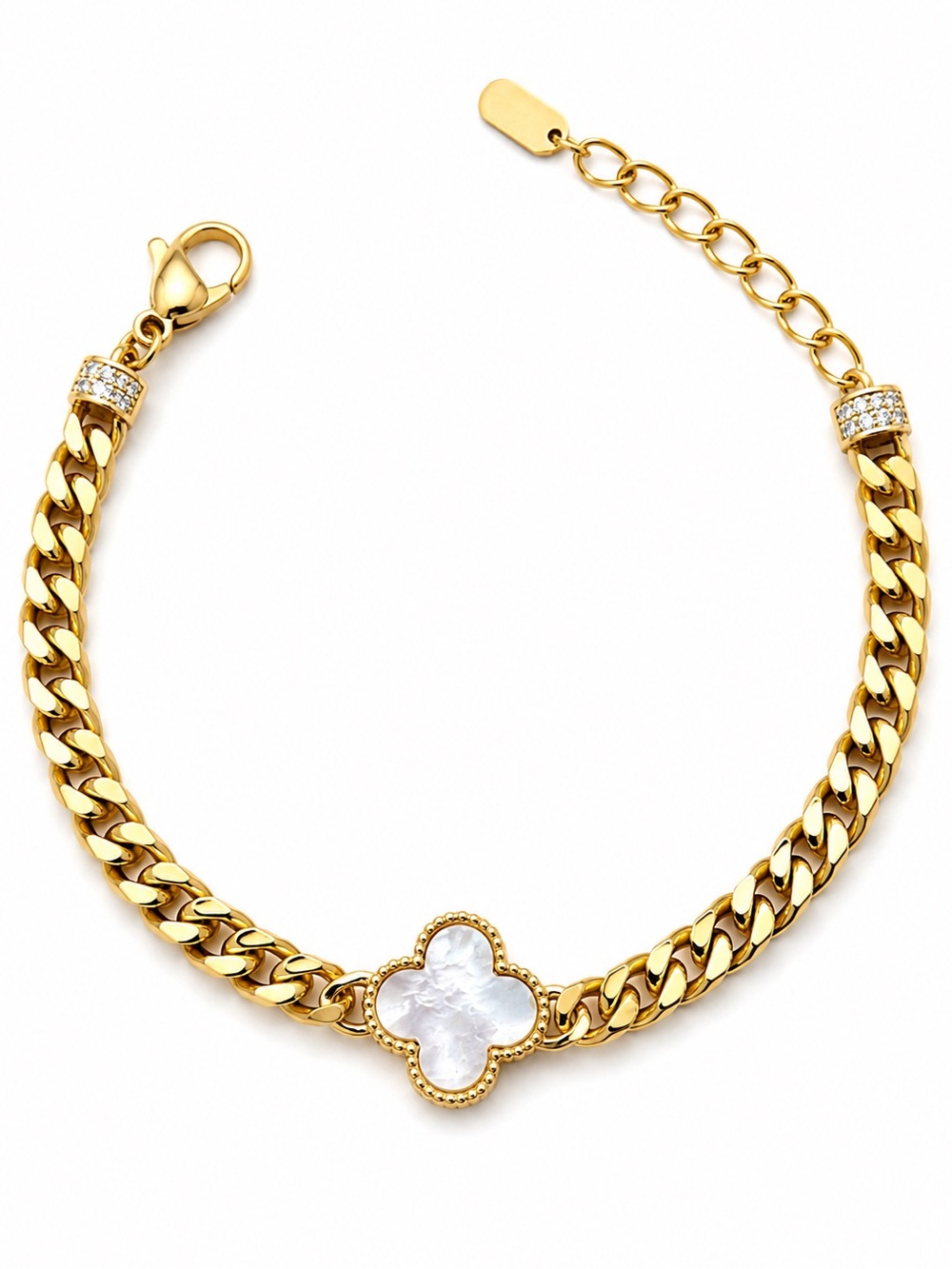 Mother-of-Pearl Clover Bracelet 14K Gold Plated Zirconia Adjustable Rhodium
